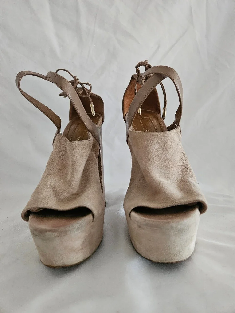 Aquazzura Beige Taupe Suede Platform Peep-Toe Heels